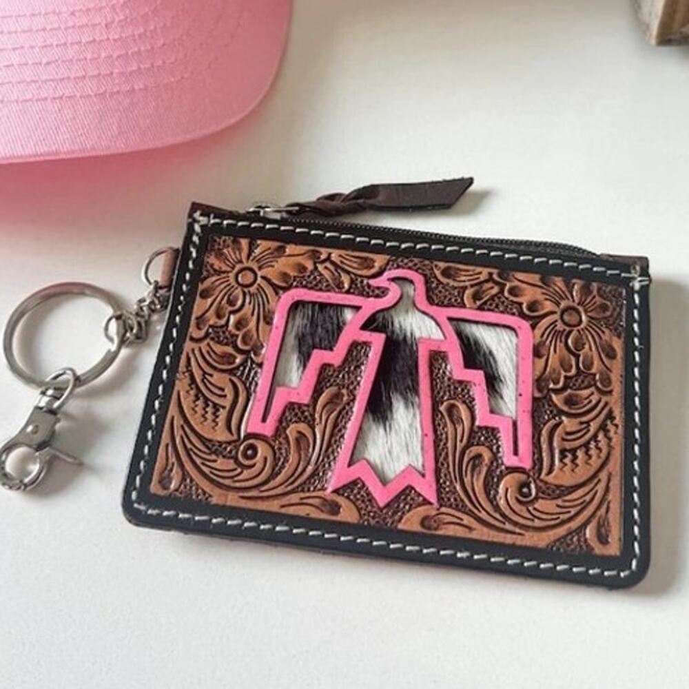 Thunderbird Pink Cowhide Tooled Leather Keychain Wallet